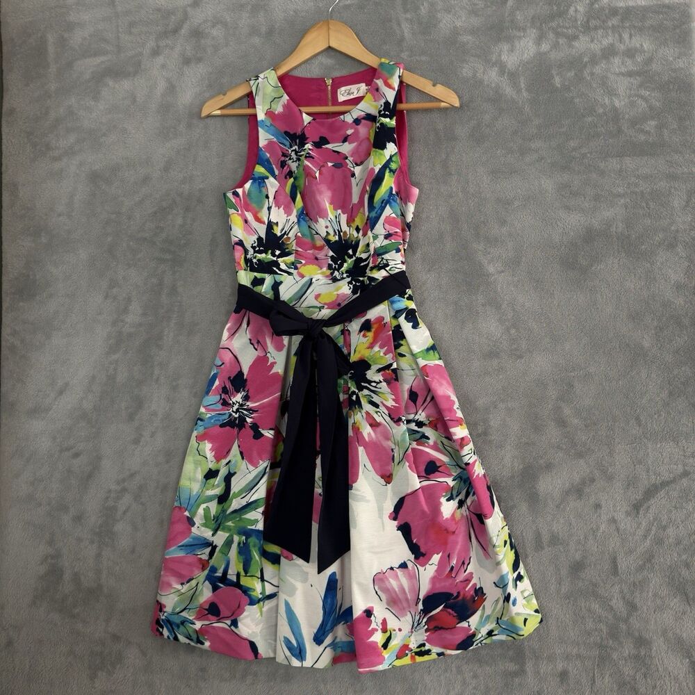 Eliza J Floral Faille Dress Womens Size 6 Fit Flare Belted Pockets Midi